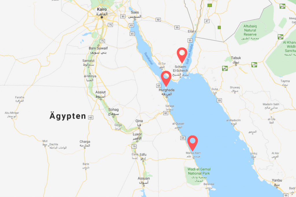 Karte mit Hurghada, Marsa Alam und Sharm El Sheikh in Ägypten